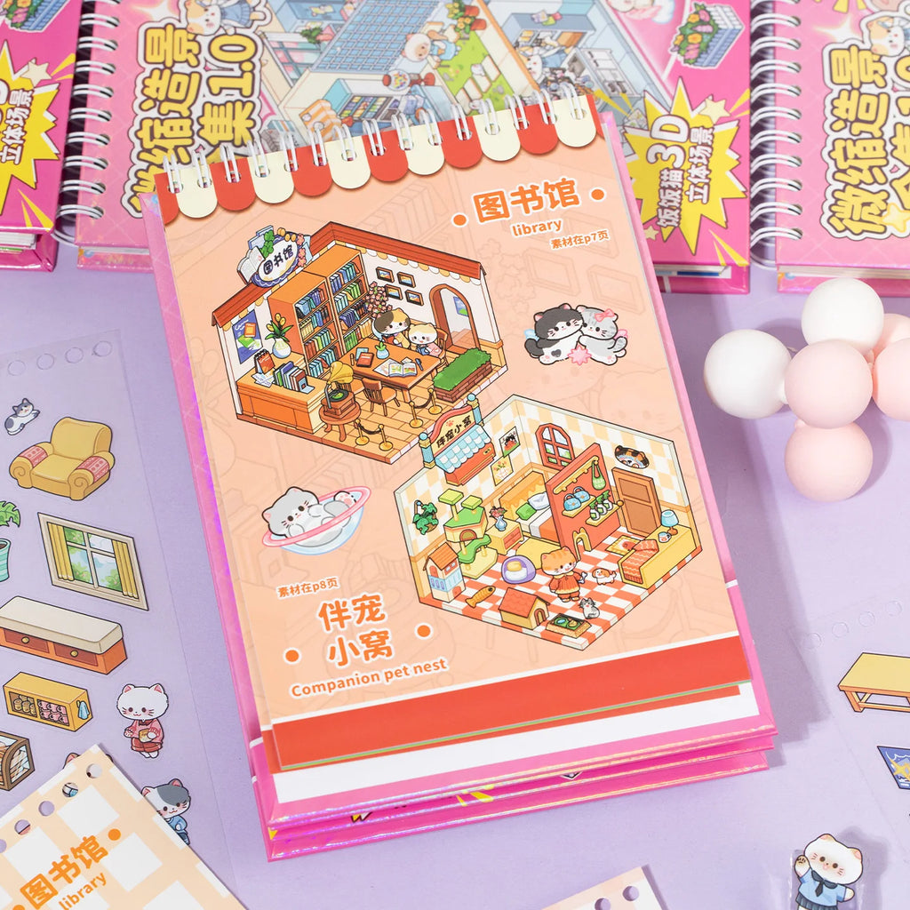 45 Sheets/BK Cute Cat Miniature 3D Diorama Coil Sticker Book for DIY Scrapbooking Phone Case Notebook Decoration Qme
