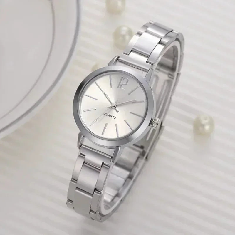 Relógio de pulso de quartzo redondo simples para mulheres, moda inoxidável, pulseira de ouro, relógios femininos, luxo, Qme