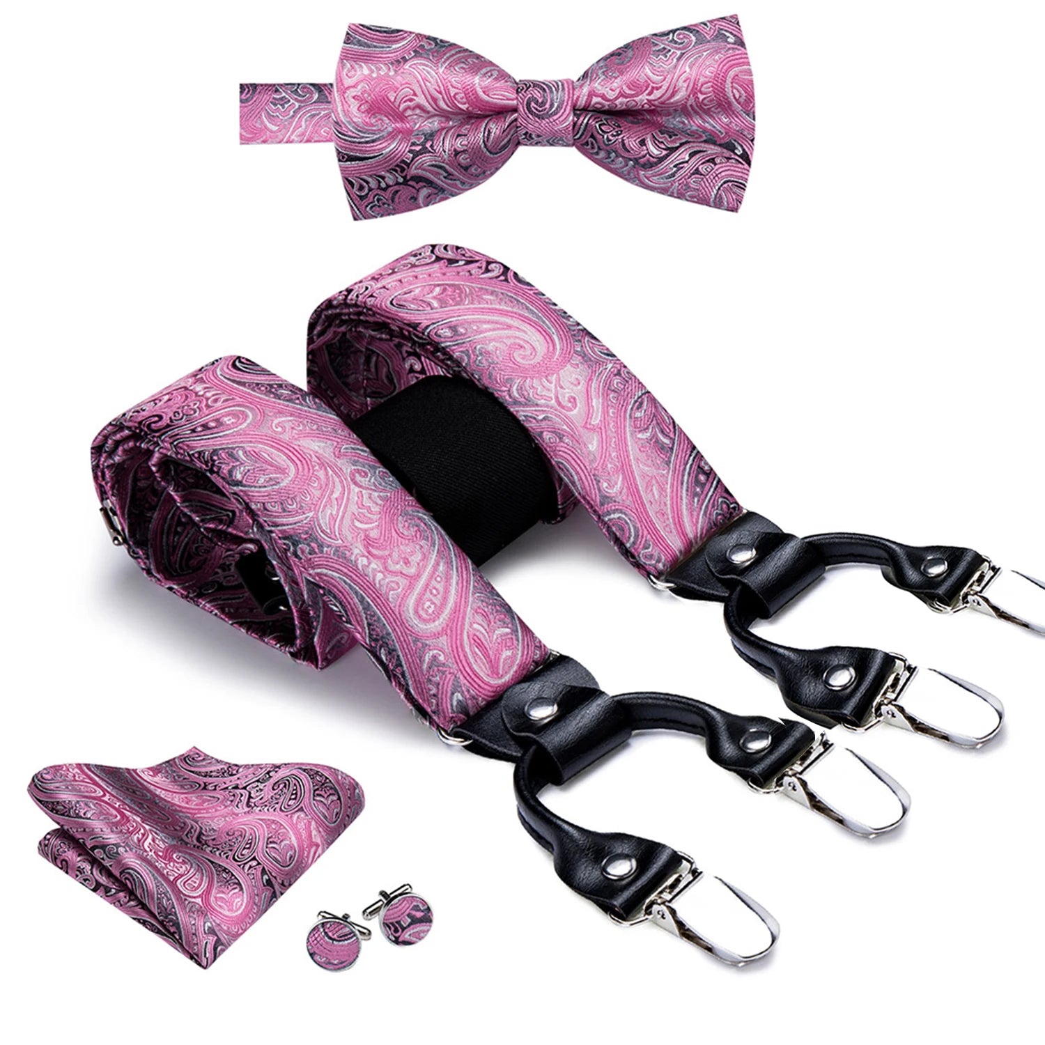 Hi-tie Jacquard Woven Silk Gold Mens Suspender Braces Bow Tie Hanky Qme BD-3005