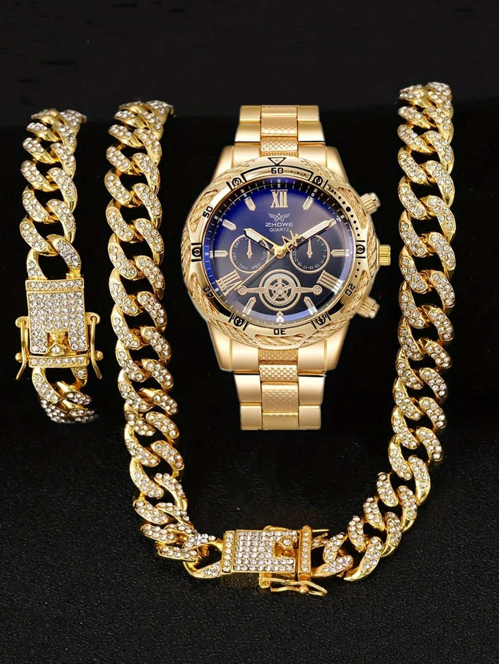 New Fashion Men's Versatile Round Dial Steel Bracelet Quartz Watch Chain Bracelet Necklace Set Exquisite Atmosphere Holiday g Qme Gold
