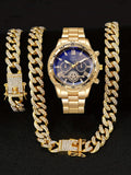 New Fashion Men's Versatile Round Dial Steel Bracelet Quartz Watch Chain Bracelet Necklace Set Exquisite Atmosphere Holiday g Qme Gold