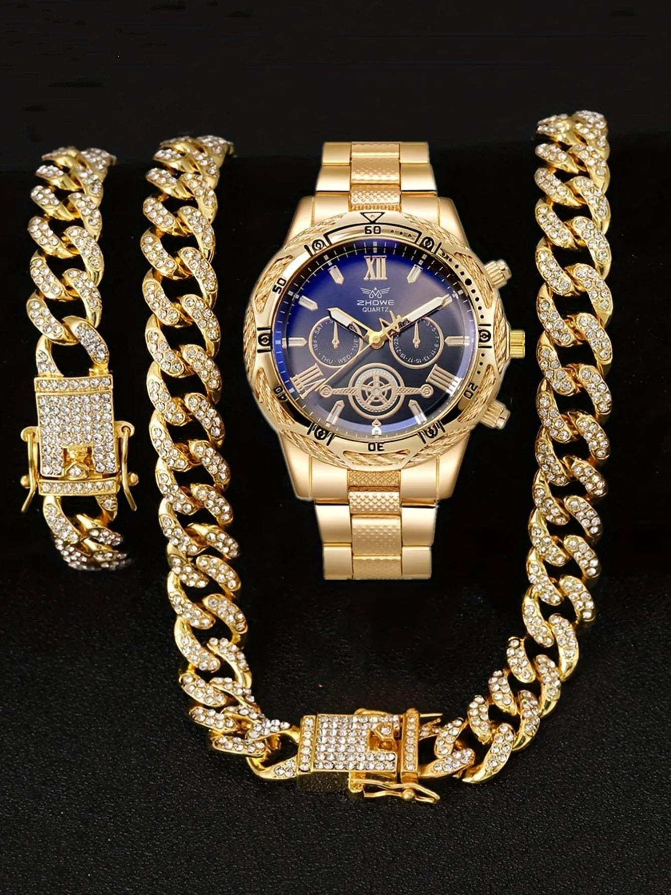 New Fashion Men's Versatile Round Dial Steel Bracelet Quartz Watch Chain Bracelet Necklace Set Exquisite Atmosphere Holiday g Qme Gold