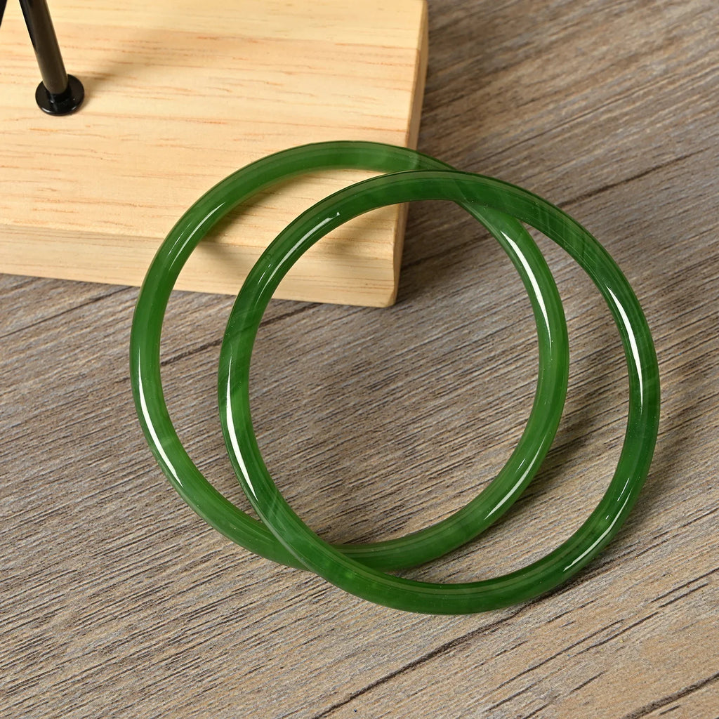 2Pcs/Set Natural Jade Solid Color Jingle Bangles Retro Simple Glass Bracelet Femme Fashion Women's Casual China Jewelry Gifts Qme Dark green 62mm