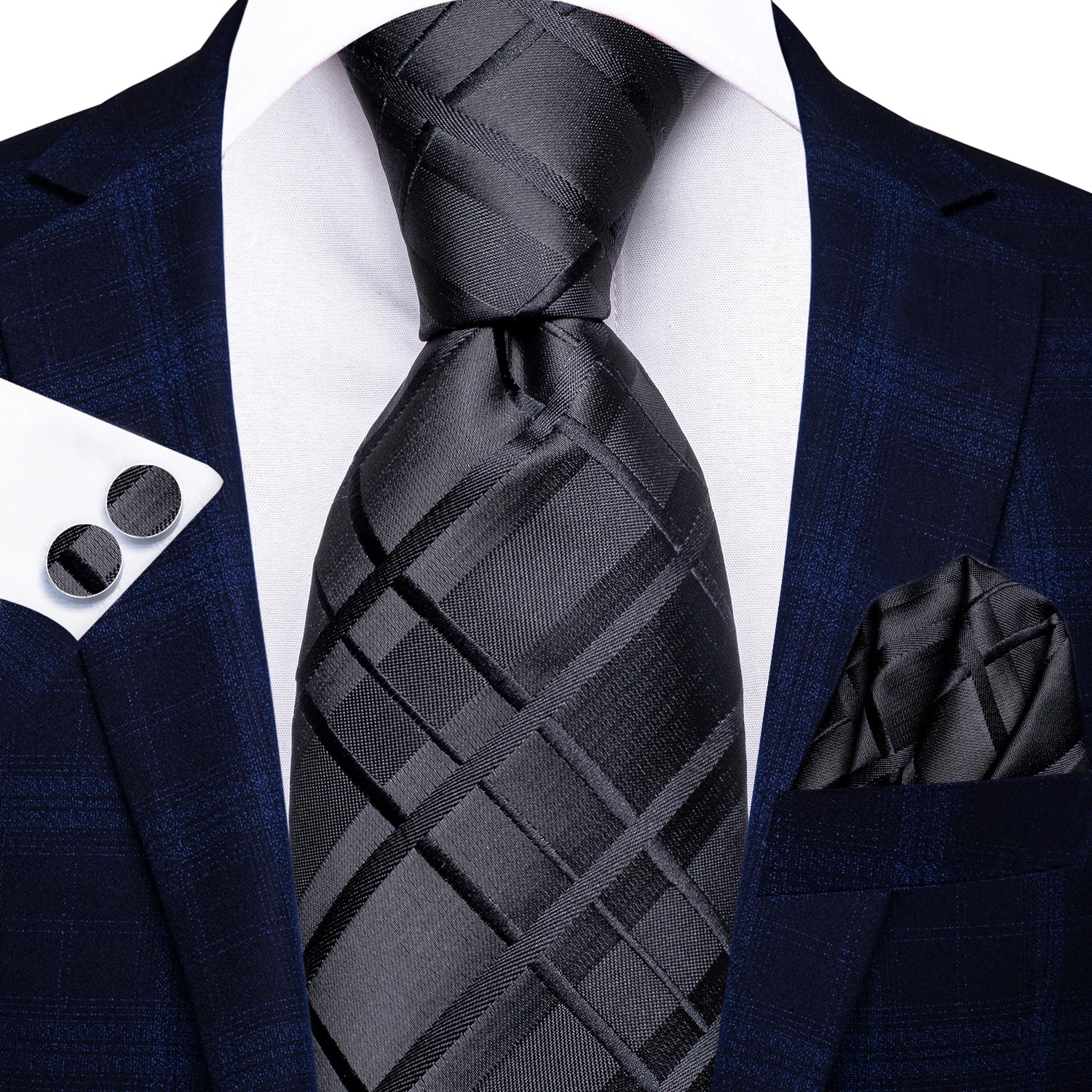 Hi-tie Fashion Blue Plaid Dots Men's Elegant Tie Handkerchief
