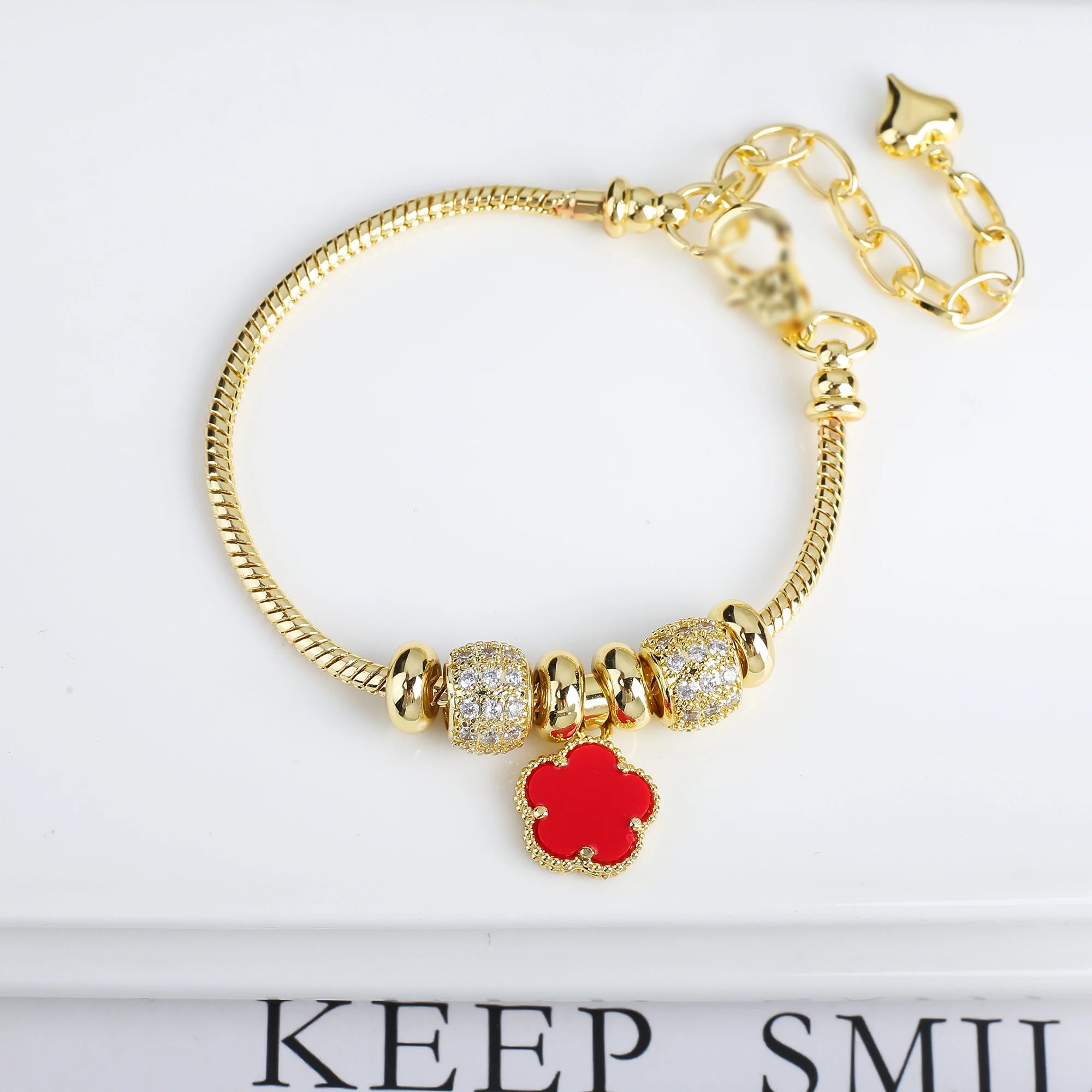 INS Hot Sale 10 Colors Natural Stone Five Leaf Flower Snake Bone Chain Bracelet Classic For Woman Clover Cz Ewelry Party Gift Qme Red