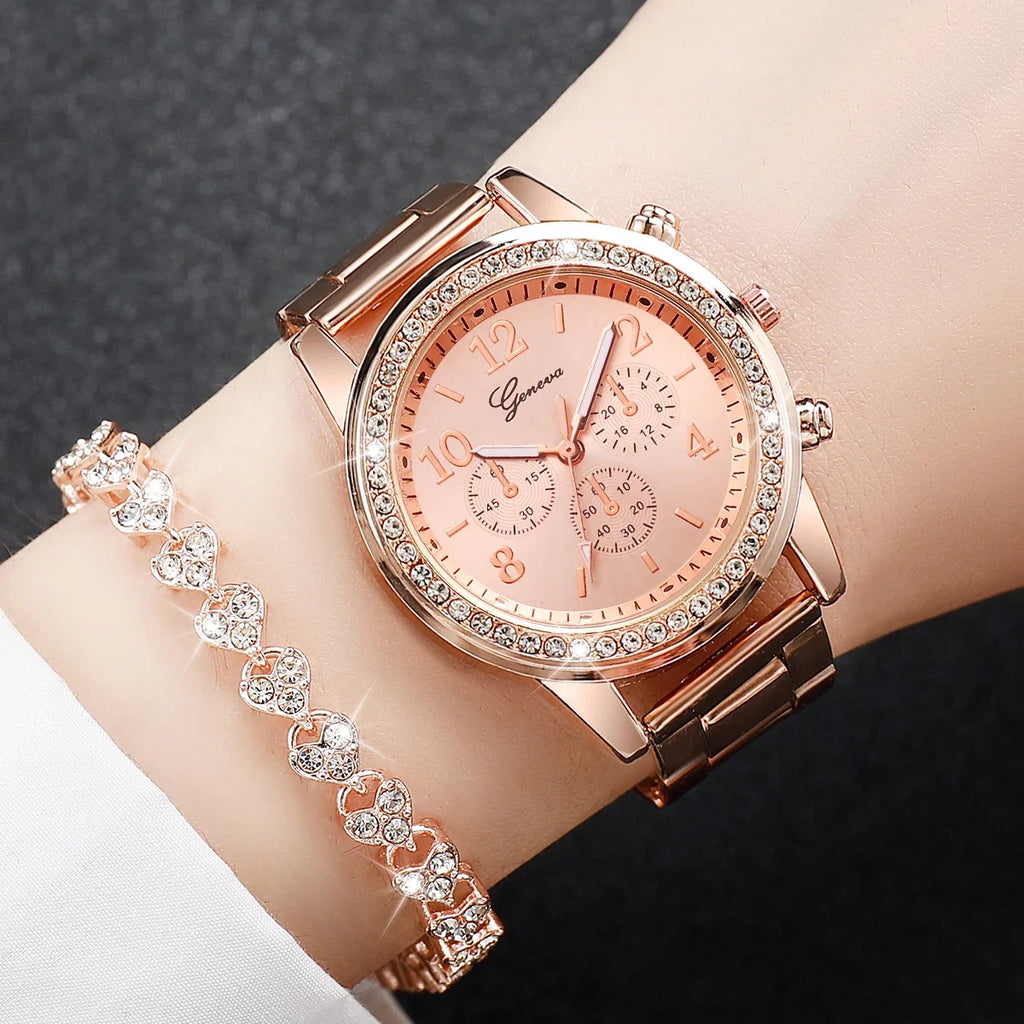 2PCS Women's Watch Fashion Rhinestone Ladies Analog Quartz Watches Bracelet Set Reloj Mujer Girls Clock Gift Qme
