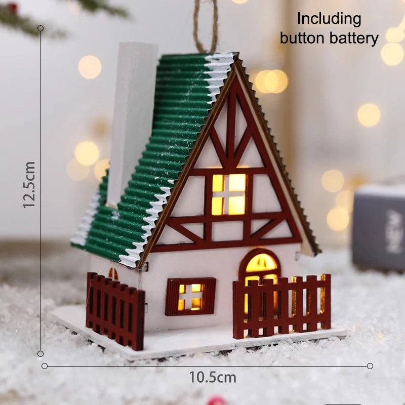 LED Wooden Christmas House Mini Xmas Snow Houses Wooden Winter Village Building Figurines Table Ornaments Holiday Party Decor Qme A4