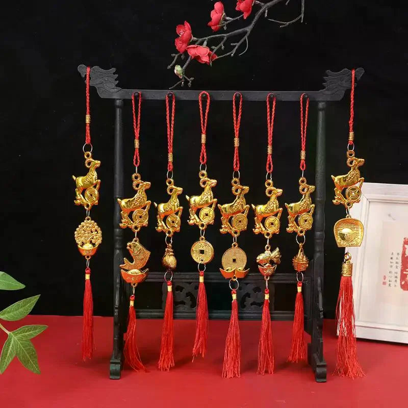 Chinese New Year 2027 Goat Hanging Ornaments Gold Lucky Design Red Tassels For Spring Festival Home Wall Decor Qme