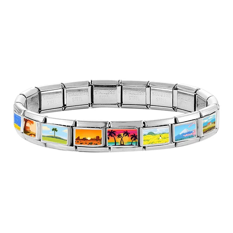 Fashion Colorful Scenery Boat Swan Lake Snow Mountain Charm Italian Link 9mm Bracelets Bangle Stainless Steel DIY Making Jewelry Qme