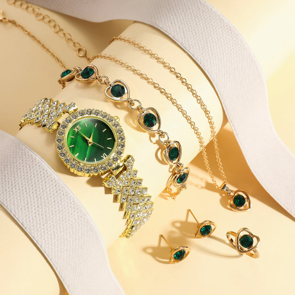 Steel Quartz Watch with Female Simple Fashion Bar Dial + Diamond Love Bracelet Set 6 Units/Set Qme green