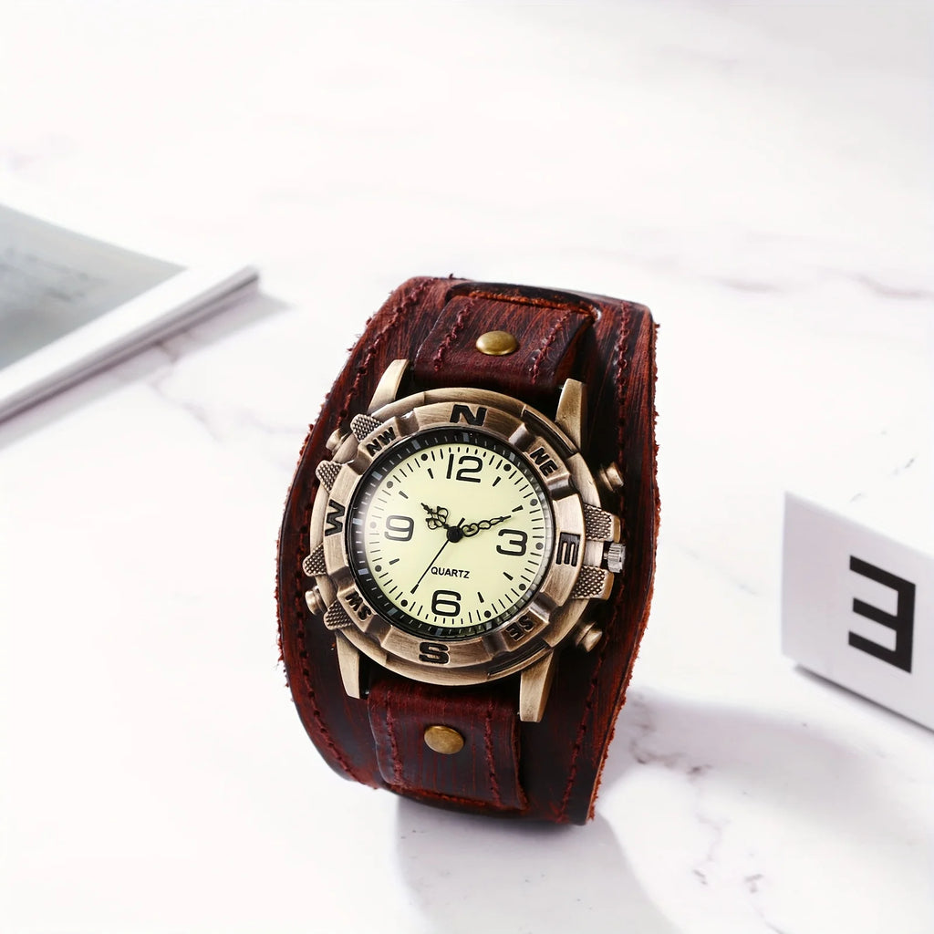 【 Halloween 】 1pcs Simulated Quartz Steampunk Halloween Genuine Leather Watch for Men, Dark Brown Qme