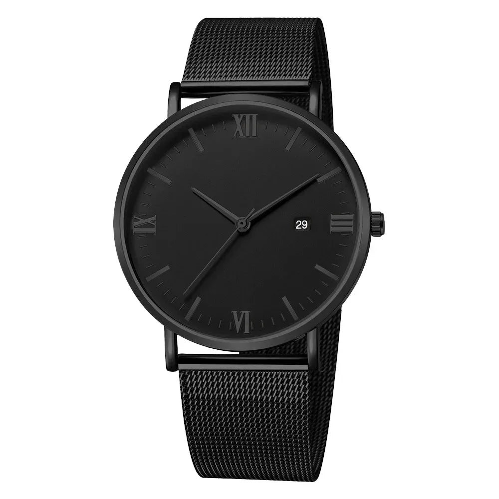 Ultra Thin Men Watch Magnetic Bracelet Quartz Watch Calendar Men Slim Mesh Steel Waterproof Sport Watch Black Relogio Masculino Qme black