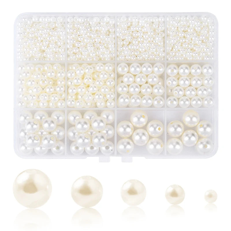 1200Pcs Resin Pearl Beads Kit 5 Sizes Round Small Pearl Filler Beads with Hole for DIY Craft Necklaces Earrings Bracelets Making Qme Beige color