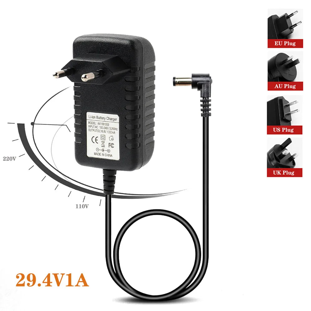 4.2V 8.4V 12.6V 16.8V 21V 25.2V 29.4V 1A 2A 3A 18650 Lithium Battery Charger for Lithium Battery Pack 90 Degree Elbow Qme 29.4V1A UK PLUG
