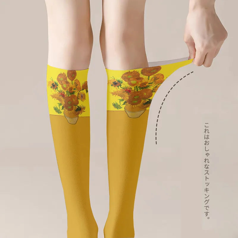 Van Gogh Mural World Famous Painting Sunflower Stockings Women Qme