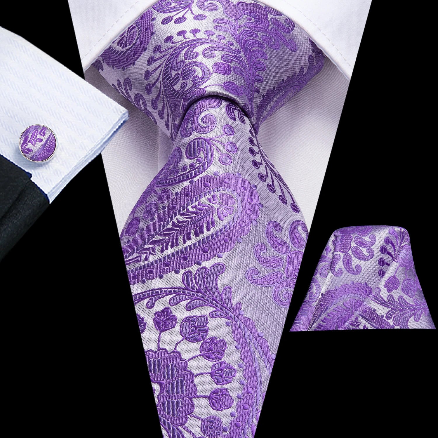 Hi-Tie 3pcs Mens Tie Purple Floral Stripes Solid Necktie Pocket Square Cufflinks Set Wedding Formal Casual Office Party Qme LDSN3224