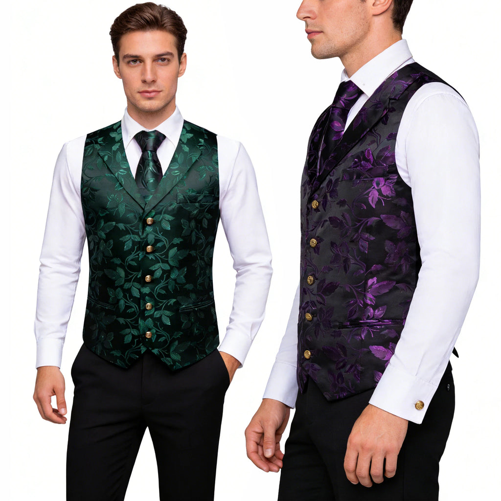 Men's Jacquard Waistcoat Half Notch Lapel Vest Necktie Pocket Square Cufflinks Set Formal Wedding Party Prom Business Suit Vests Qme