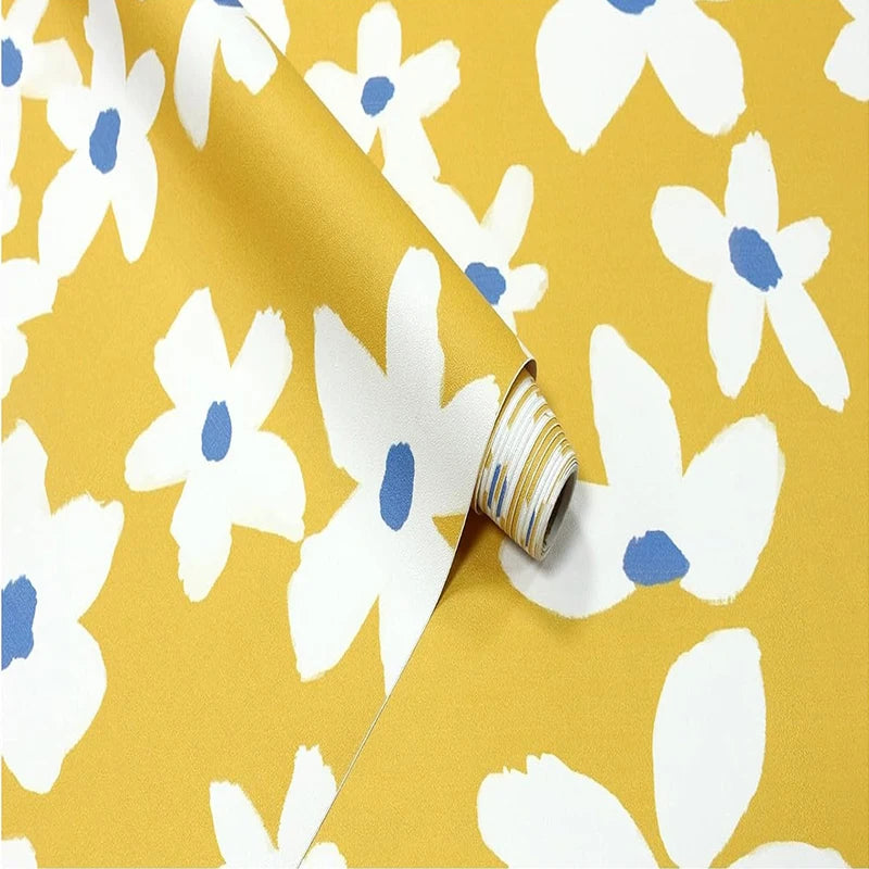 Yellow White Blue Floral Peel Stick Wallpaper Removable Self Adhesive Qme