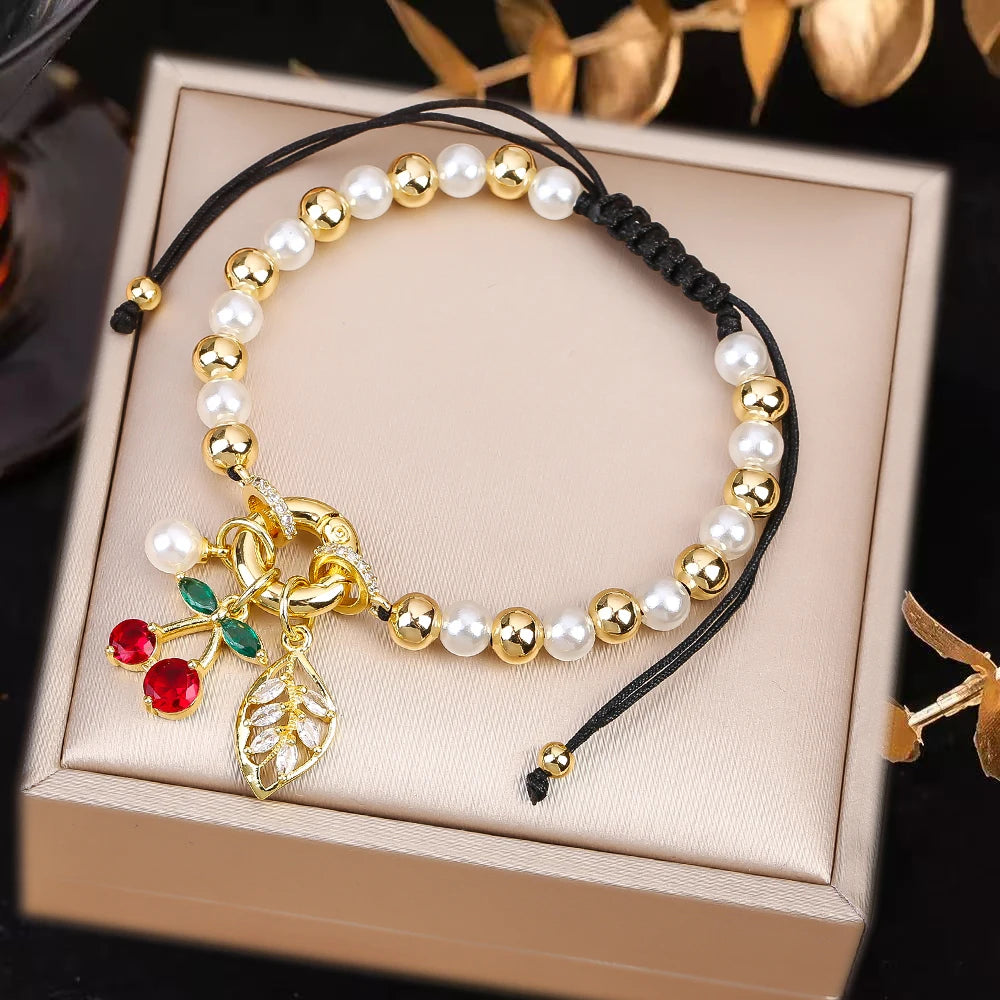 High Quality Pearl Chain Braided Crystal Cherry Adjustable Rope Bracelet Charming For Woman Girl Party Jewelry Gift Daily Wear Qme C