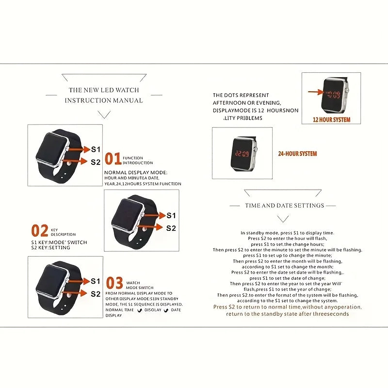 Men's Black Electronic Watch & 1pc Beaded Bracelet Qme