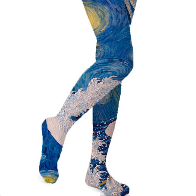 Van Gogh Retro Oil Painting Thigh Stockings Starry Sky Sunflower Qme