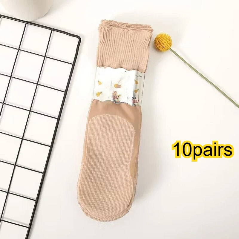 Women's Non-Binding Sheer Socks, 10 Pairs Breathable Thin Ankle Socks , Comfortable No-slip Summer Socks for Daily Wear Qme Light beige 10pairs One Size