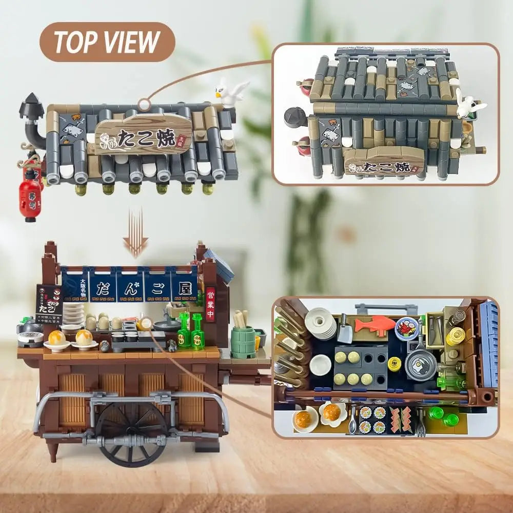 Mini City Street View Architectural Landscape Model Building Blocks Takoyaki Shop Food Stall Restaurant Toys Christmas Kids Gift Qme