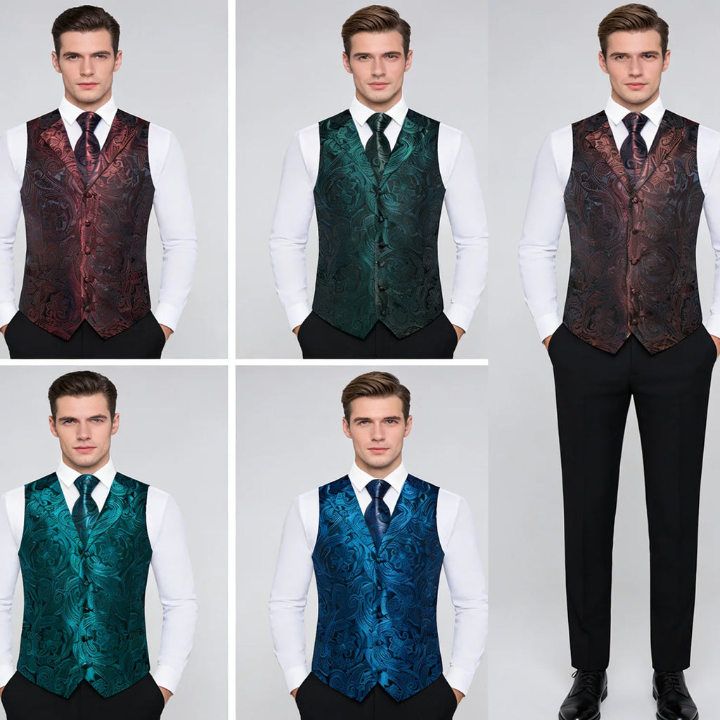 Men's Paisley Suit Vest & Tie Set – Formal Waistcoat with Necktie Pocket Square, Perfect for Weddings and Business Events Qme