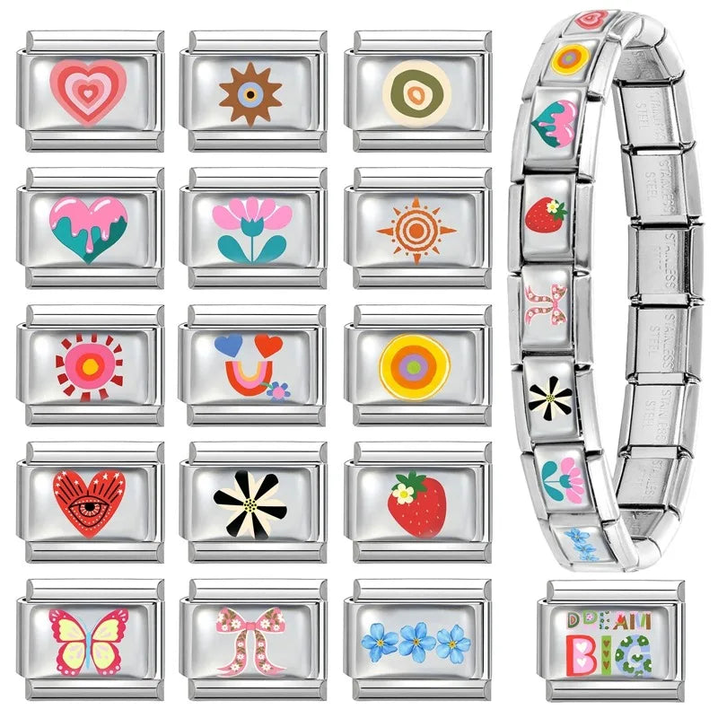 Women Men Fashion Color Series Pattern Heart Eye Sun Bead Charm Fit 9mm Italian Charm Bracelet Stainless Steel DIY Making Jewelr Qme