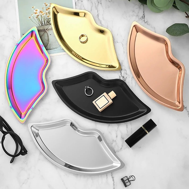 Tray Decorative Home Cosmetics Lip Shaped Jewelry Stainless Steel Qme