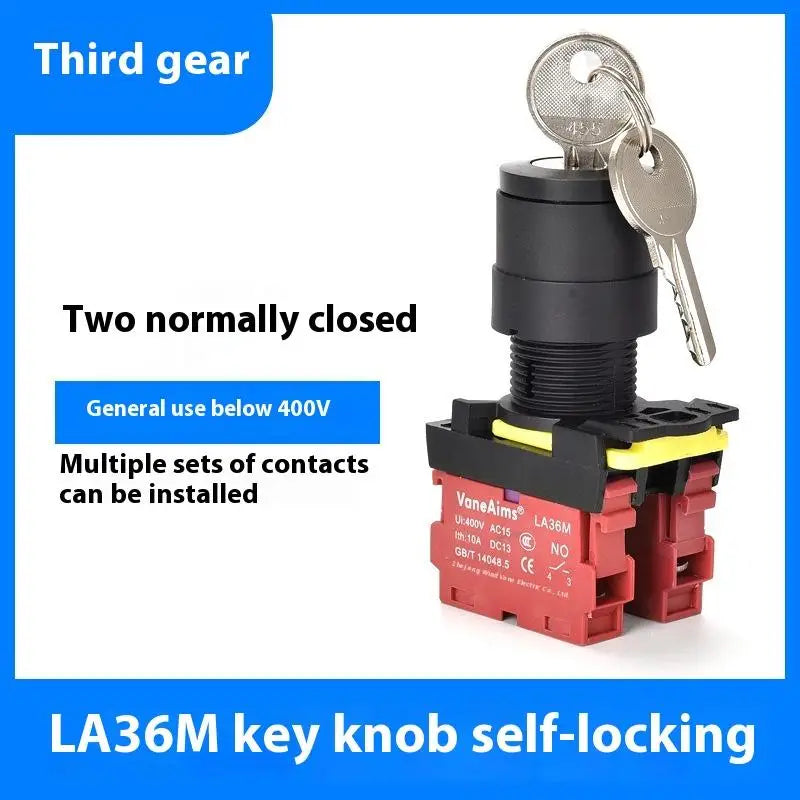 12v 220v 10A 2/3 Position 1/2NO 1/2NC On Off Knob Button Rotary Switch Selector With Keys 22mm LA36M Key Switch Qme 3gear 2NC