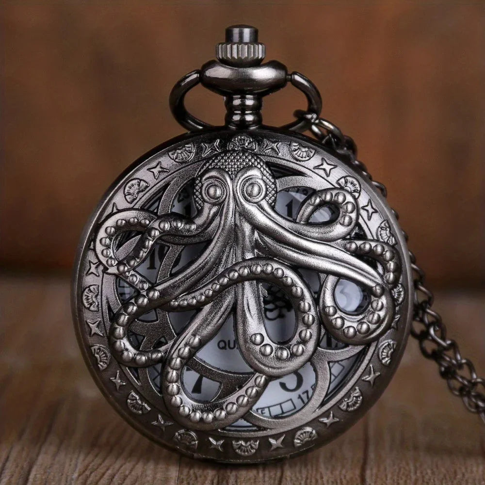 Antique Octopus Hollow Semi-Hunter Quartz Pocket Watch Steampunk Black Pocket Watch Necklace Chain Child Gift Watch Qme black