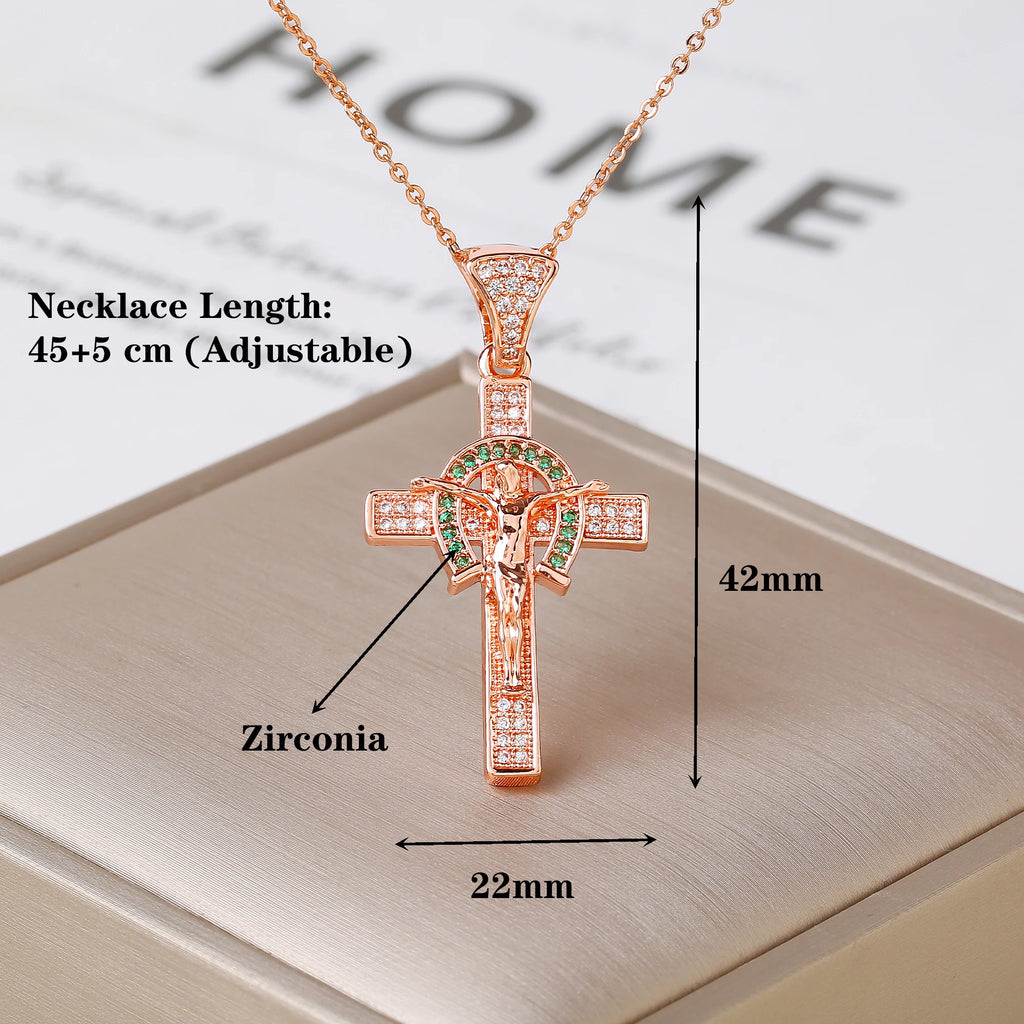 Gold Rose Gold Jesus Crucifix Cross Necklace Luxury for Women Men Faith Jewelry Religious Rhinestone Pendant Daily Wear & Gift Qme