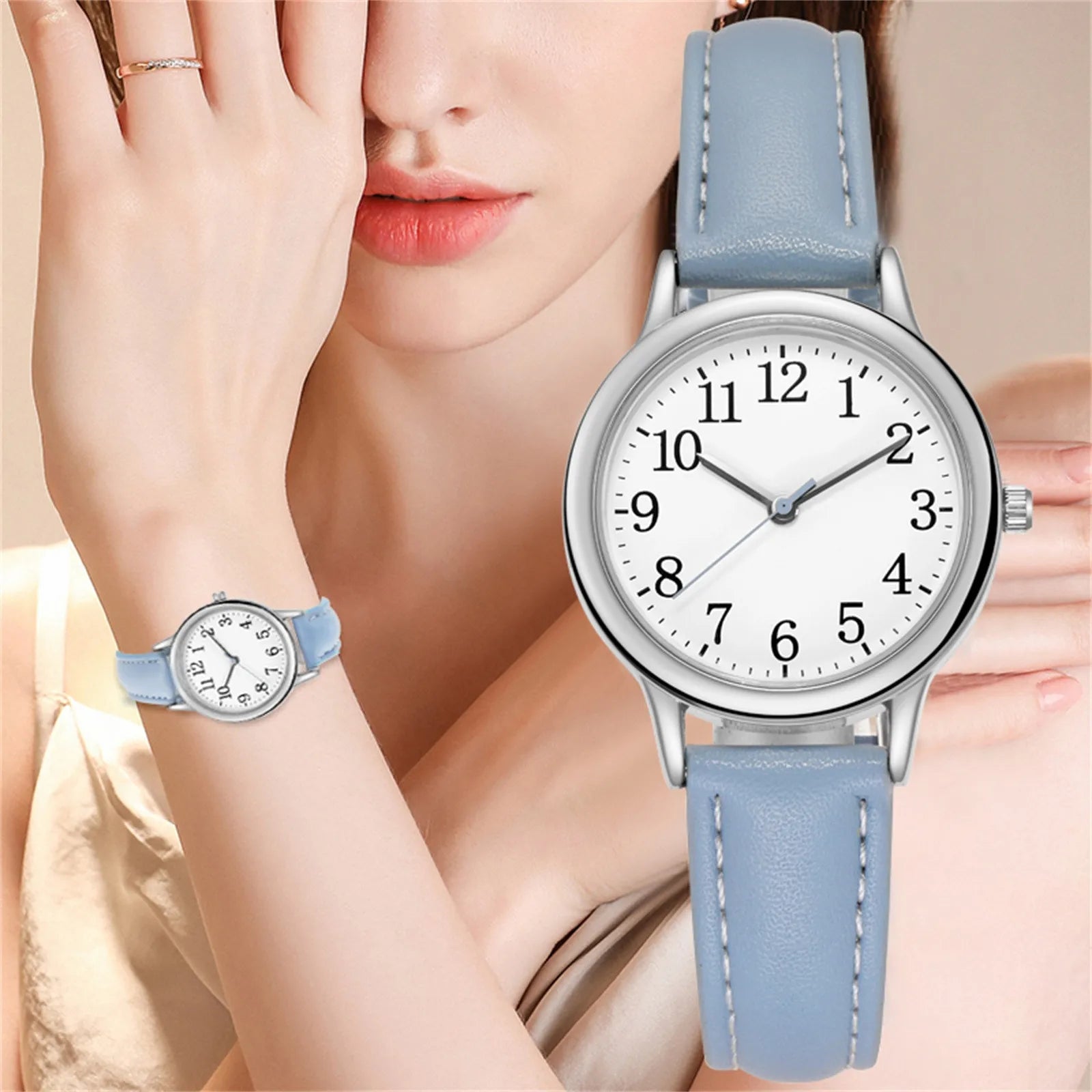 Leather Strap Movement Women Quartz Fine Watch Easy To Read Arabic Numerals Simple-Dial Fashion Minimalism Daily Versatile Watch Qme Sky Blue