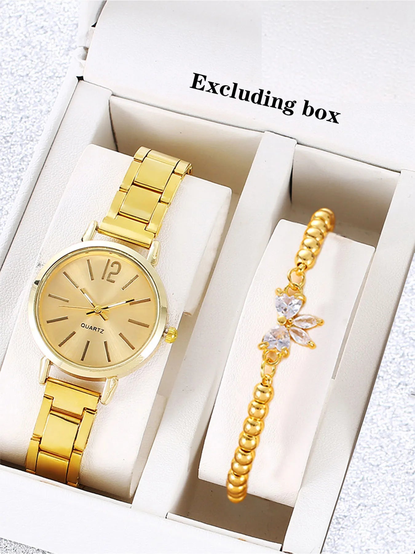 2-piece women's small dial casual versatile quartz watch set for middle and high school students Qme Gold No