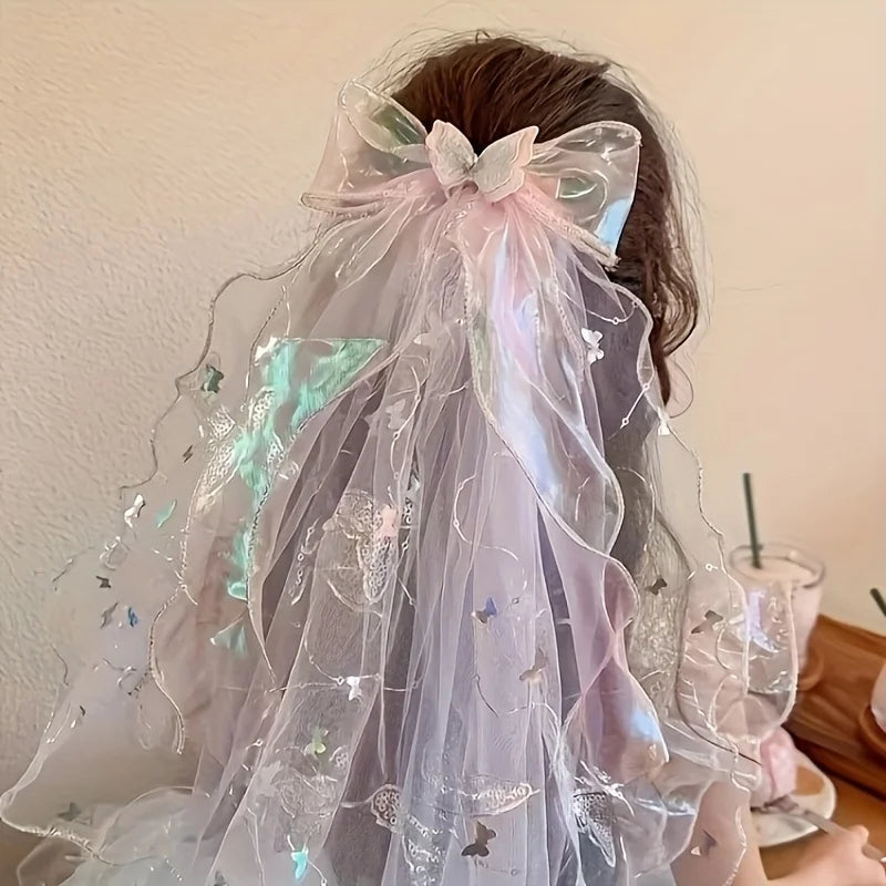 [Butterfly Hair Clip] Angel-Inspired Iridescent Butterfly Hair Clip with Delicate Veil - Elegant Accessory for Women Qme
