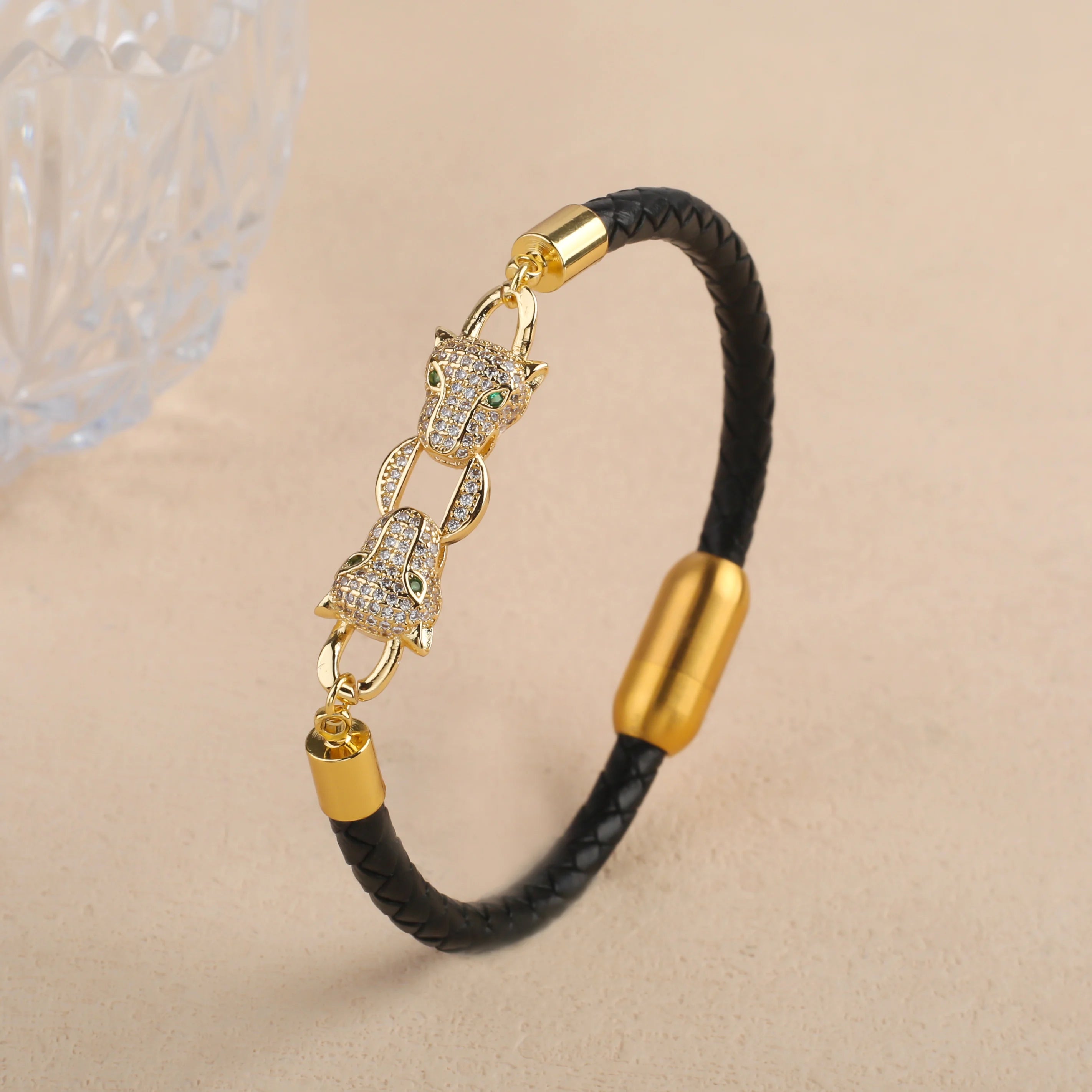 New Domineering Leopard Head Geometric Zircon Bracelet Stainless Steel Magnetic Clasp Bracelet Trendy For Men Women Jewelry Gift Qme