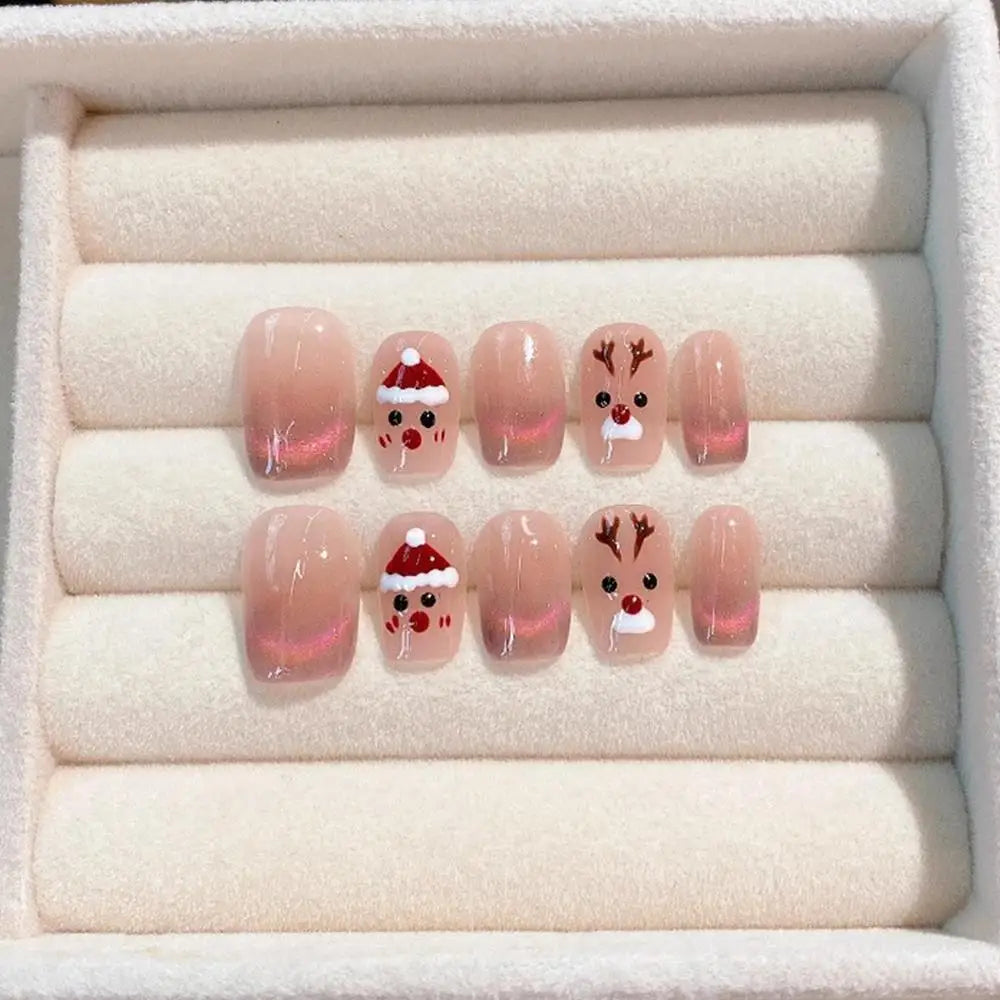 Cute Christmas Snowflake Deer Handmade Press Nails Cat Eye Short Qme