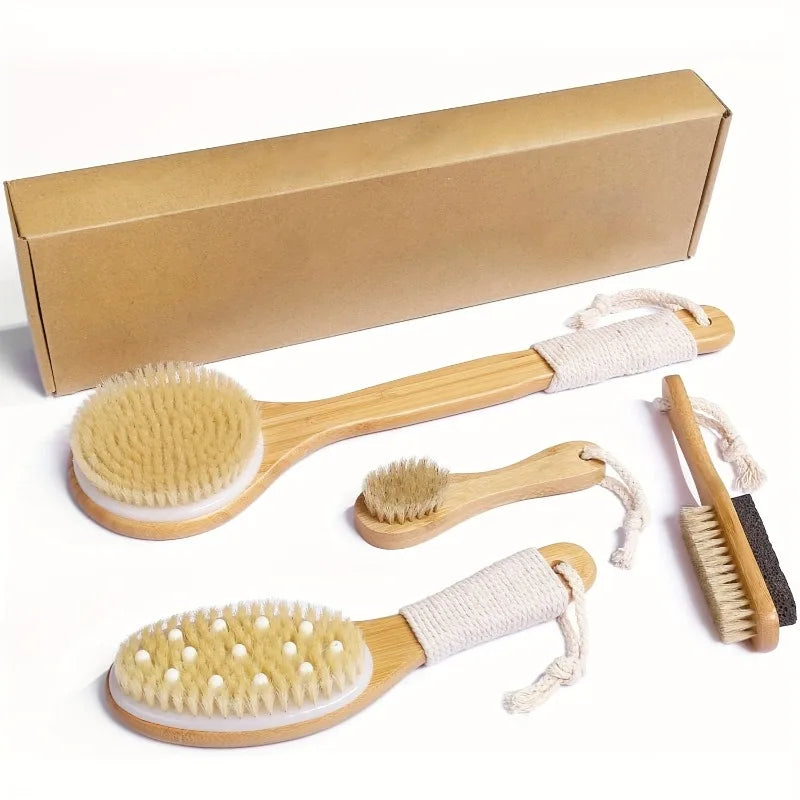 Natural Boar Bristle Dry Body Brush Bamboo Exfoliating Face Foot Long Qme