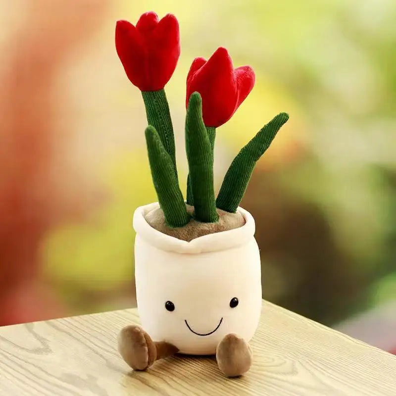 Lifelike Tulip Plant Plush Soft Stuffed Toy Potted Flower Home Living Qme Red