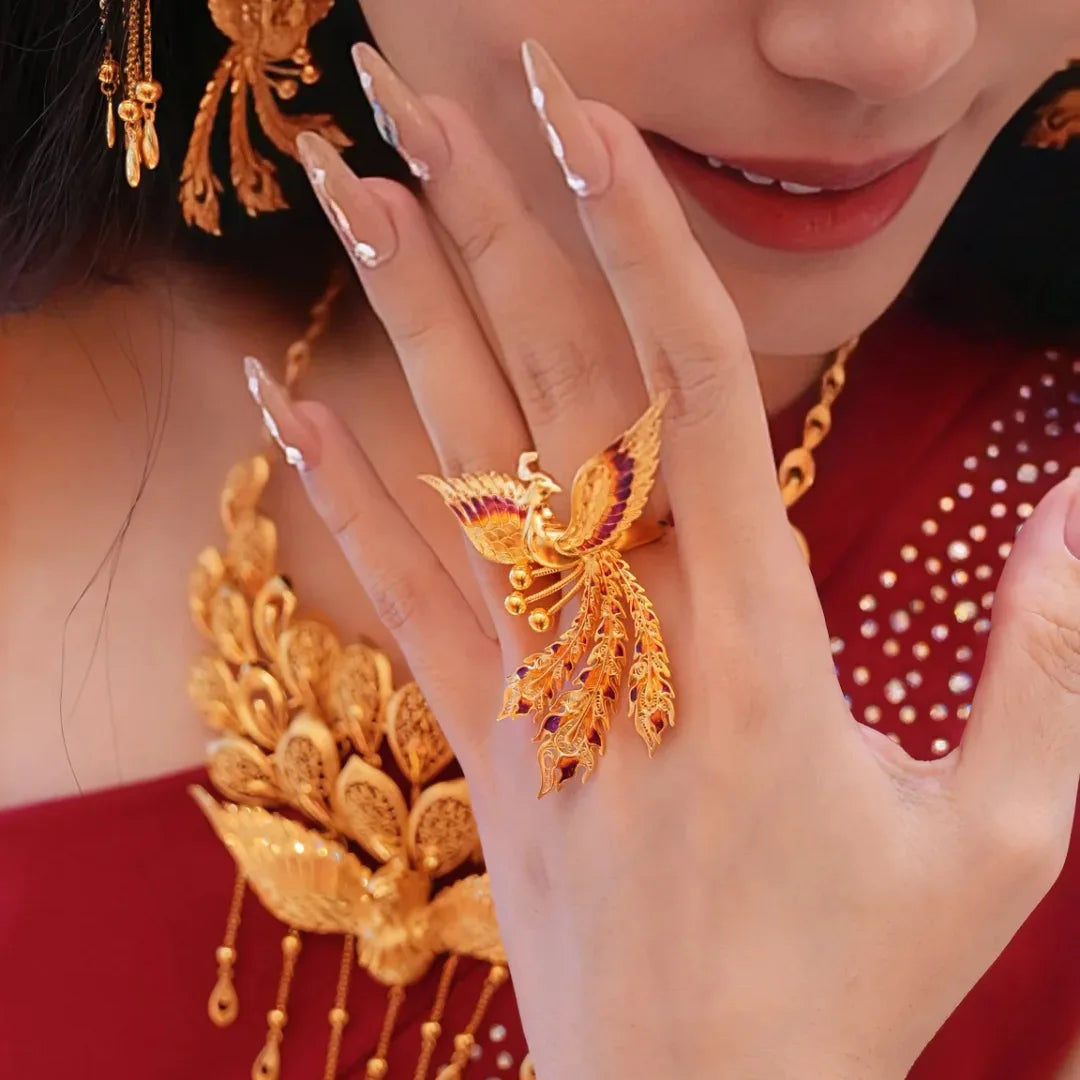 Exquisite Retro Sand Gold Phoenix Exaggerated Ring with Palace Style Gradient Enamel Color Dot Feather Gold Phoenix Ring Qme