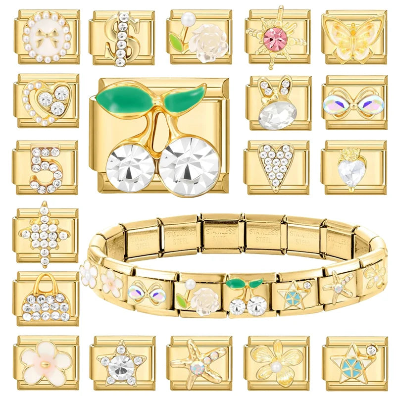 New Women Gems Flower Dollar Heart Star Girl Italian Charm Bracelet Link 9mm Stainless Steel Jewelry DIY Wholesale Drop Shipping Qme
