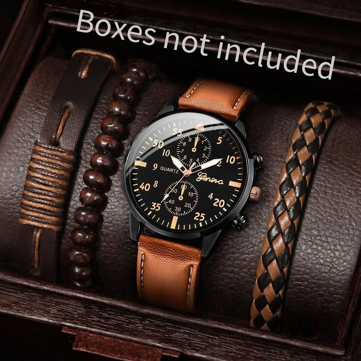 2026 2026 Men's leather strap watch, high-end Hong Kong style fashion watch, business binocular watch Qme 4PCS Set Without Box
