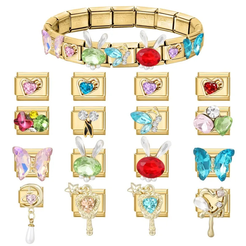 2026 Fashion Unique Colorful Luxury Gems Zircon Gold Color Italian Charm Links Fit 9MM Stainless Steel Bracelet DIY Making Gifts Qme