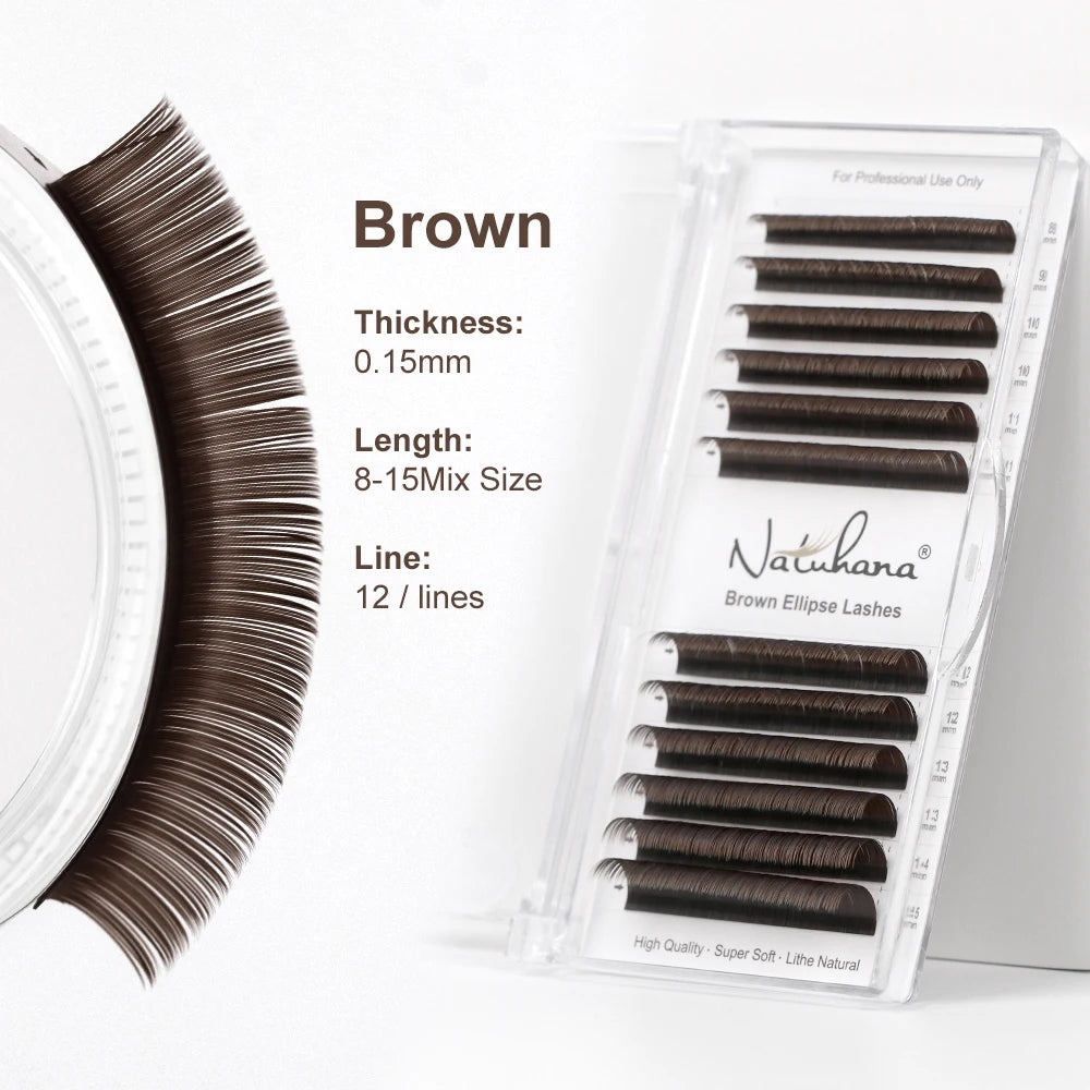 NATUHANA Brown Ellipse Flat Eyelashes Extensions Matte Faux Lashes Qme Brown L 0.15MM|Mix 8-15mm