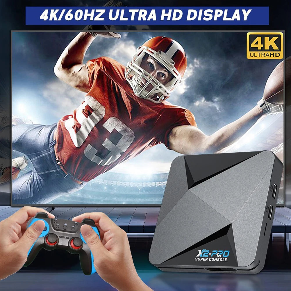 X2 Pro Retro Video Game Console TV Box 65000+ Games with 2 Gamepads Super Console 4K 60+ Game Emulators for DC/Arcade/MAME/Sega Qme
