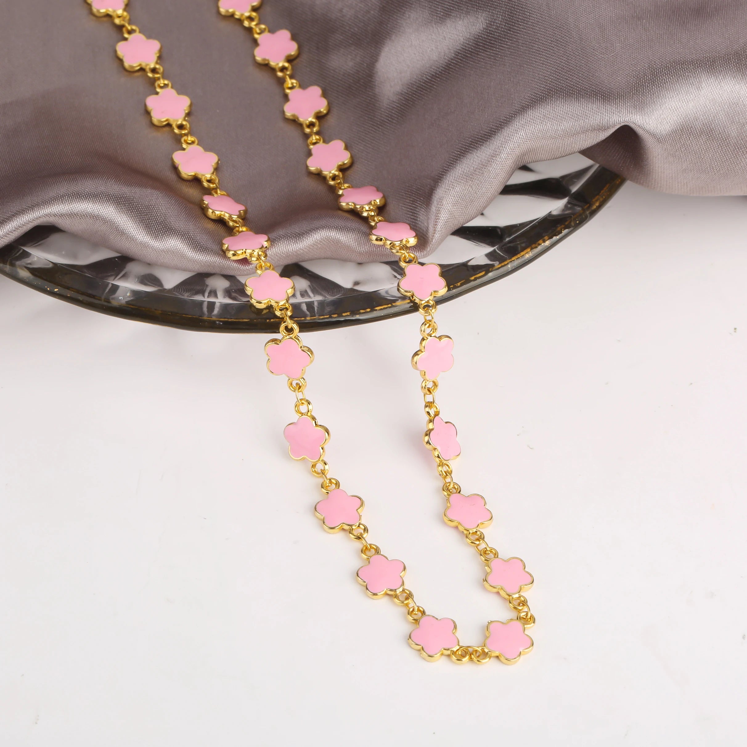 Classic 7 Color Copper Drip Oil Five-Leaf Flower Bracelet Necklace Pentagram Jewelry Set For Women Wedding Party Daily Wear Qme 14
