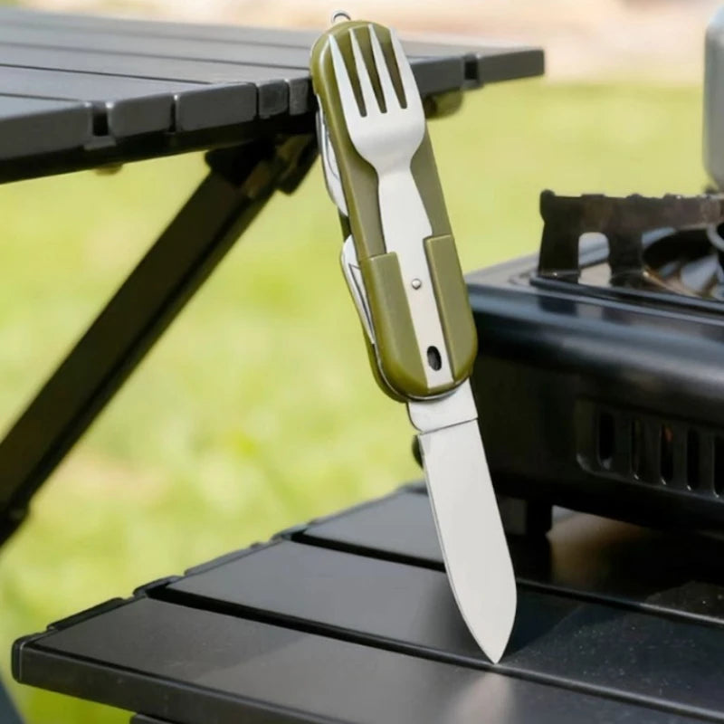 7 In 1 Stainless Steel Foldable Outdoor Tableware: Fork, Spoon, Knife for Picnic, Camping, Hiking, Travelling Qme