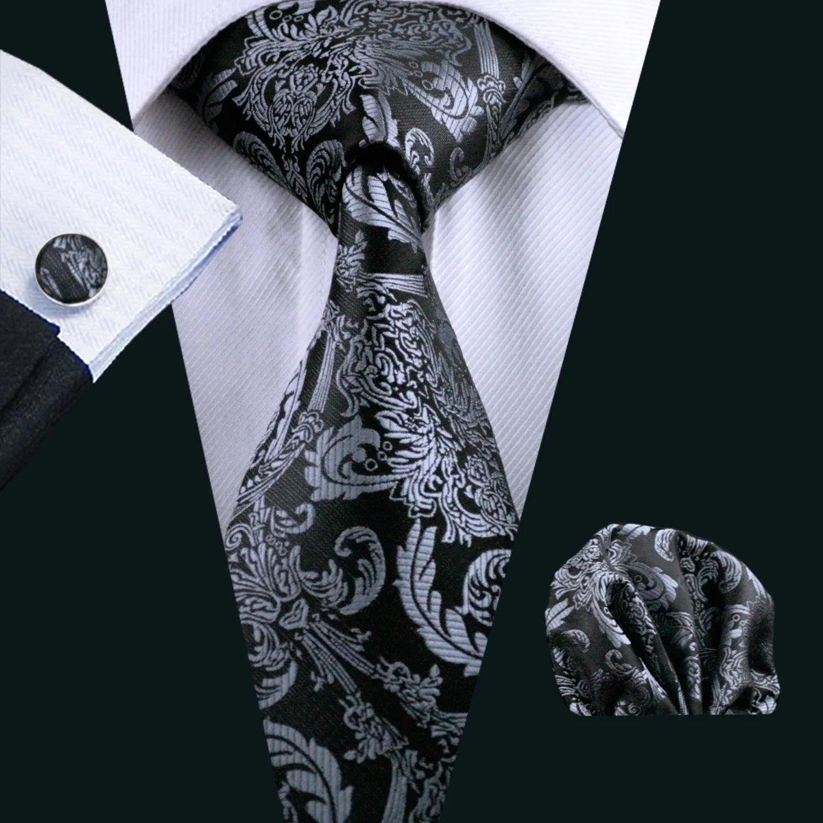 Black Geometric Tie Tie For Men Wedding Tie Party Necktie Handkerchief Cravat Barry.Wang Fashion Designer Tie Set LS-5225 Qme 0822