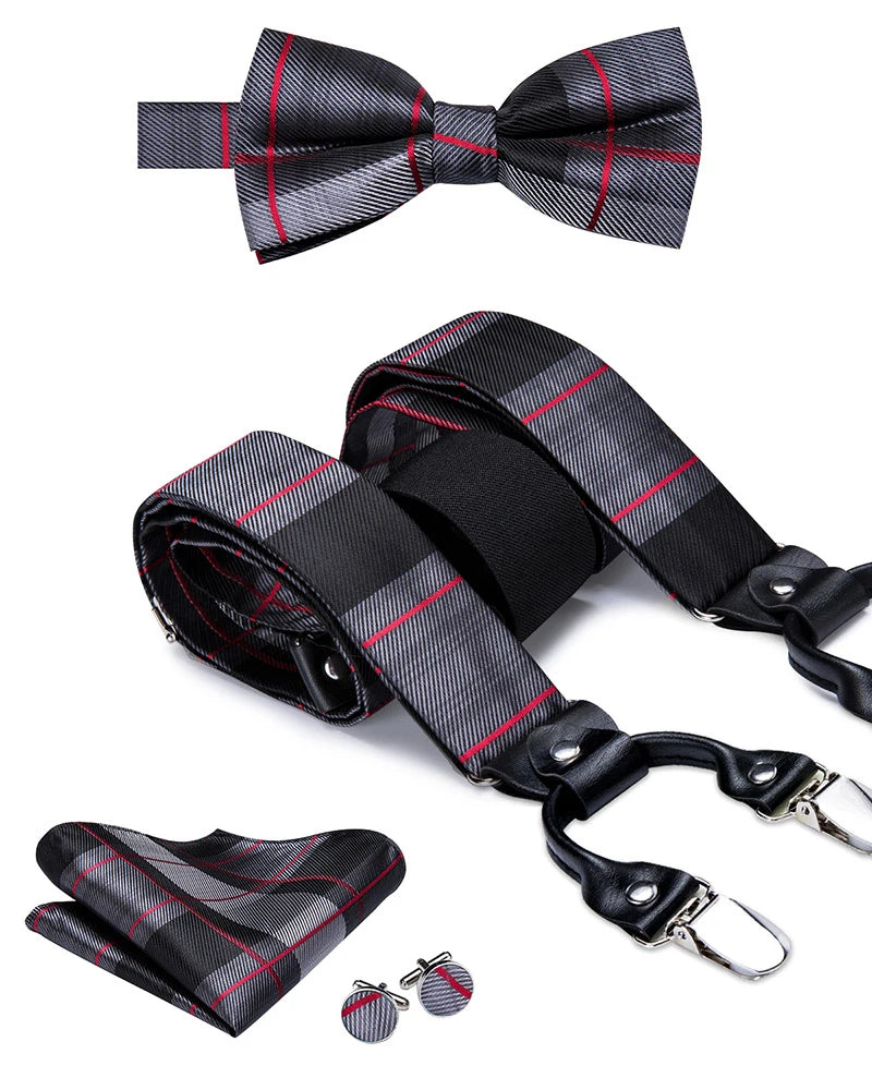 Hi-tie Jacquard Woven Silk Gold Mens Suspender Braces Bow Tie Hanky